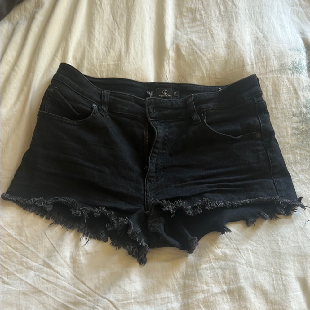 Volcom Black Jean Shorts Distressed Frayed Hem